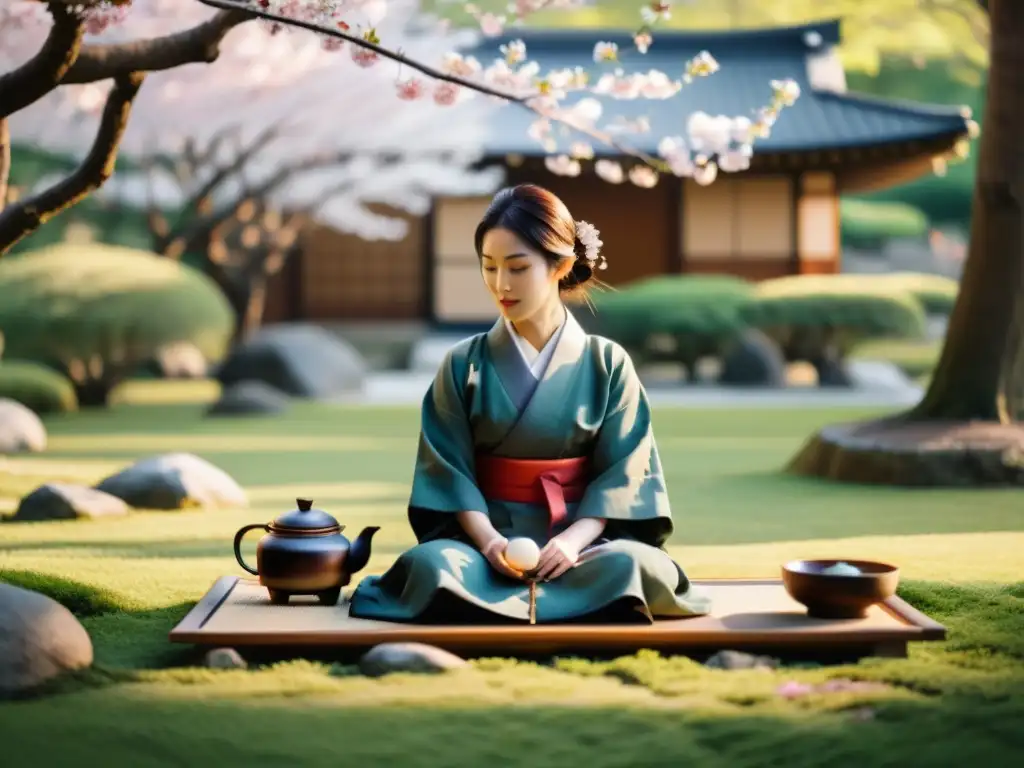 Un maestro samurái preside una ceremonia del té japonesa en un jardín, con la dualidad de la poesía y la cultura asiática