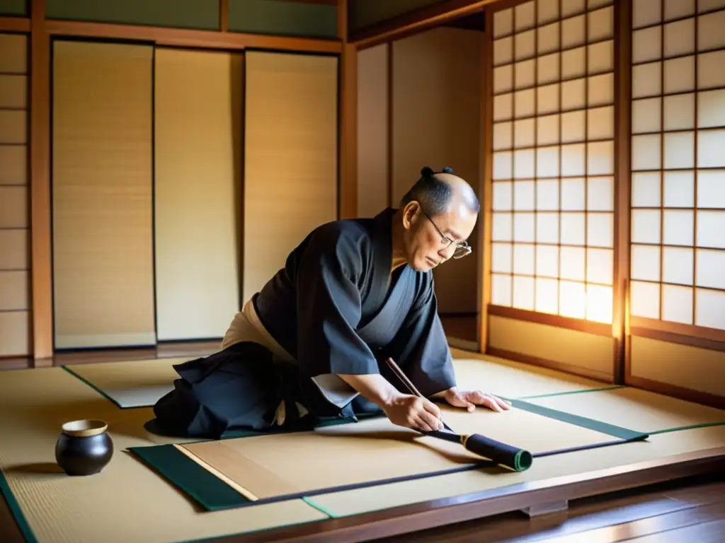 Un maestro calígrafo samurái en una habitación tradicional japonesa, rodeado de pergaminos y pinceles