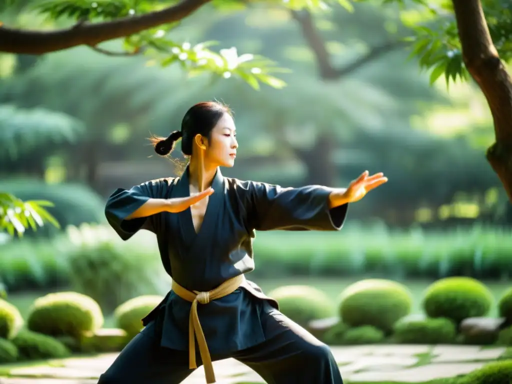 Un maestro de Kung Fu practica con serenidad en un exuberante jardín, expresando la filosofía del Kung Fu Taoístico con gracia y armonía