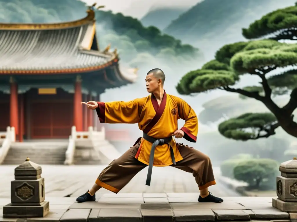 Un maestro Shaolin practica Kung Fu frente al templo, envuelto en niebla matutina