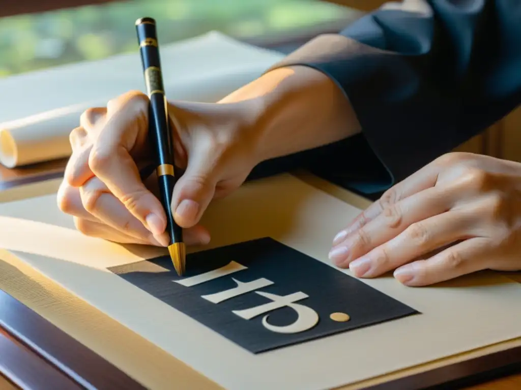 Un maestro de Shodo japonés crea intrincados caracteres con precisión, inmerso en la belleza y habilidad de esta forma de arte