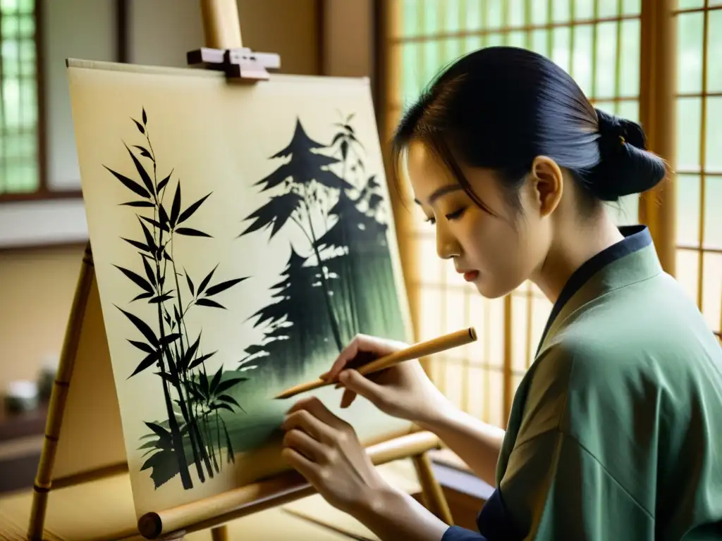 Maestro de sumie pintando bambú con precisión, creando atmósfera serena en estudio japonés