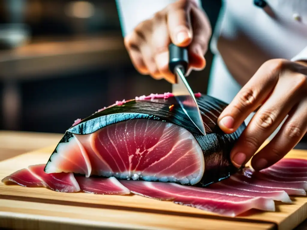 Un maestro sushi corta con precisión el Otoro en su restaurante con estrellas Michelin