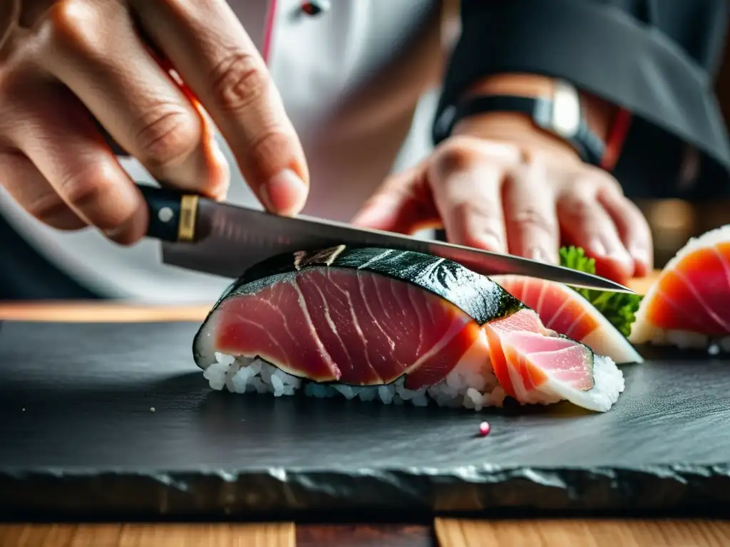 Un maestro sushi corta con precisión un fresco atún en Tokio, capturando la esencia de las experiencias gastronómicas de lujo