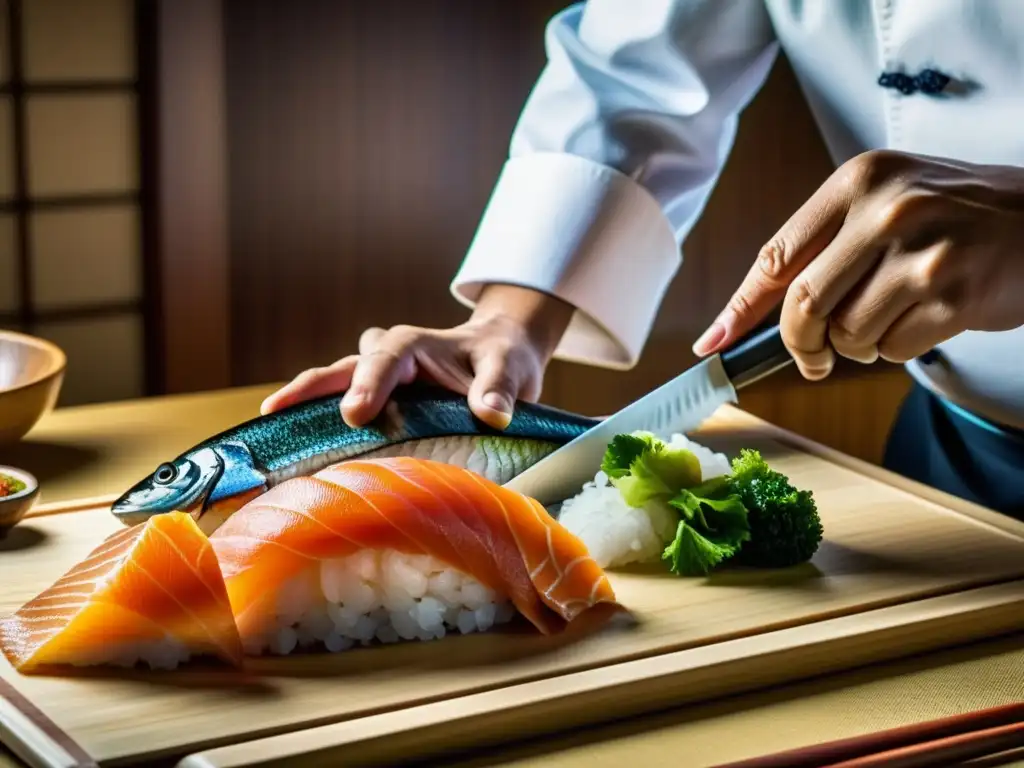 Un maestro del sushi corta con precisión una pieza de sashimi, mostrando la excelencia de la alta cocina asiática estrellas Michelin