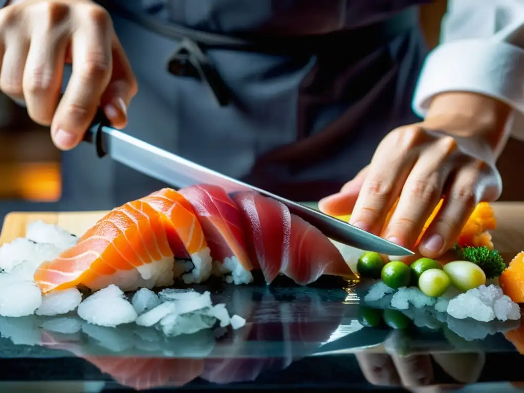 Un maestro del sushi corta sashimi con precisión, creando una obra de arte culinaria