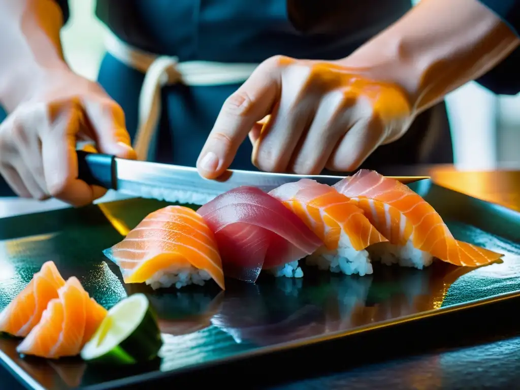 Un maestro sushi corta expertamente sashimi fresco, revelando técnicas de cocina asiática