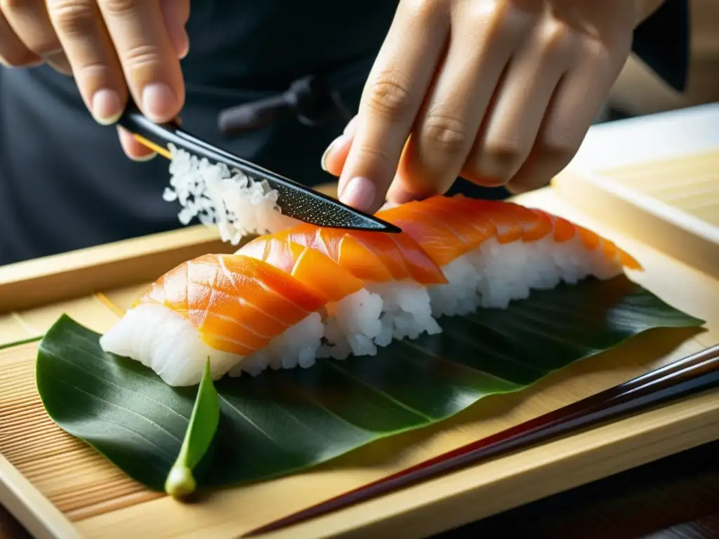 Un maestro sushi prepara con maestría un delicado nigiri