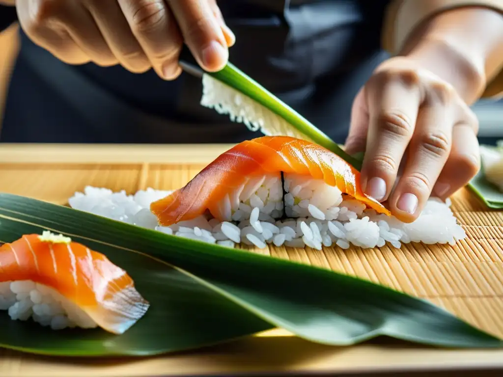 Maestría en Preparación de Nigiri: Arte Sushi Un maestro sushi prepara un delicado nigiri con precisión, reflejando la luz de un restaurante japonés