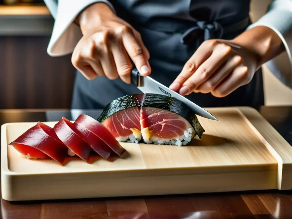 Un maestro sushi muestra su destreza al cortar atún fresco, creando sushi de lujo con arte comestible