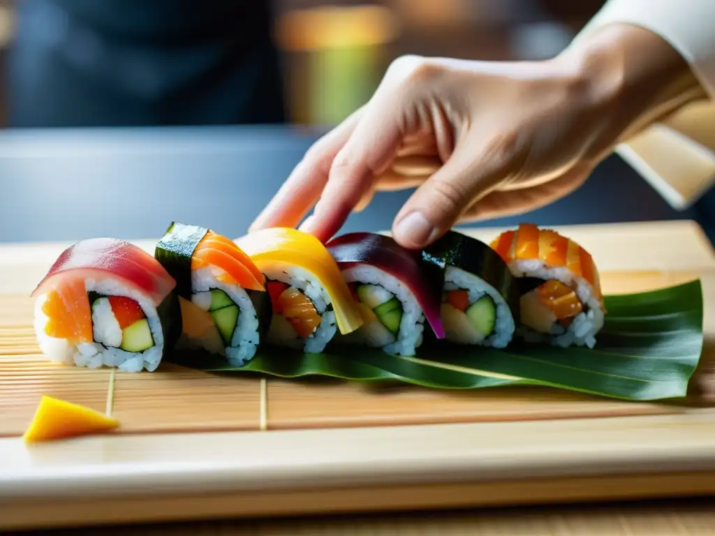 Un maestro sushi crea con destreza un rollo de sushi, resaltando la precisión y la belleza de la gastronomía asiática