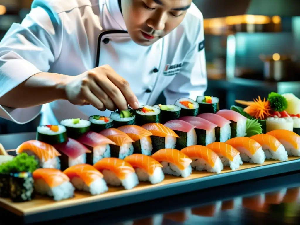 Un maestro sushi experto en la elaboración de sushi de lujo, arte comestible, con precisión y cuidado