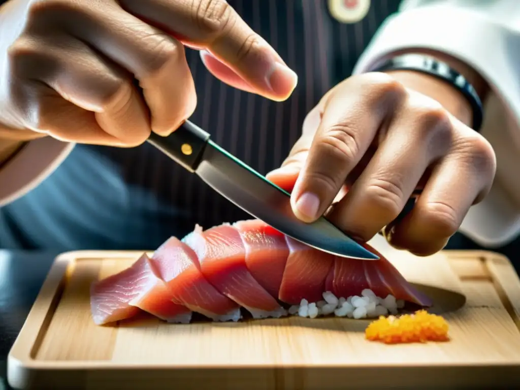 Maestro del sushi Jiro Ono cortando atún fresco con precisión