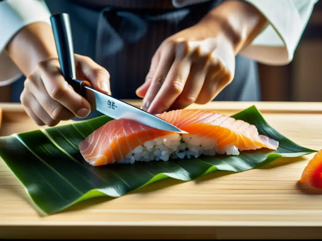 Maestro sushi japonés cortando sashimi con precisión, mostrando arte y maestría en la gastronomía asiática temática