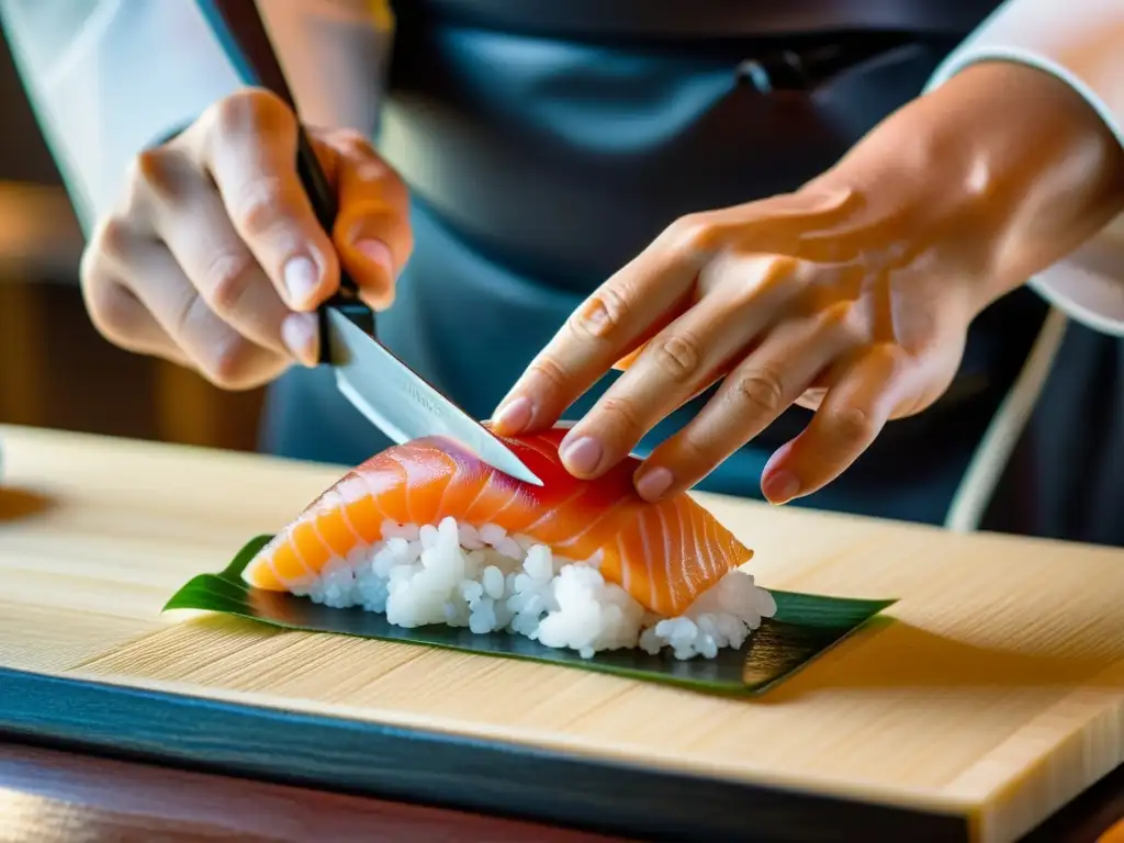 Un maestro sushi de Tokio crea un nigiri de lujo con atún otoro, mostrando precisión y serenidad