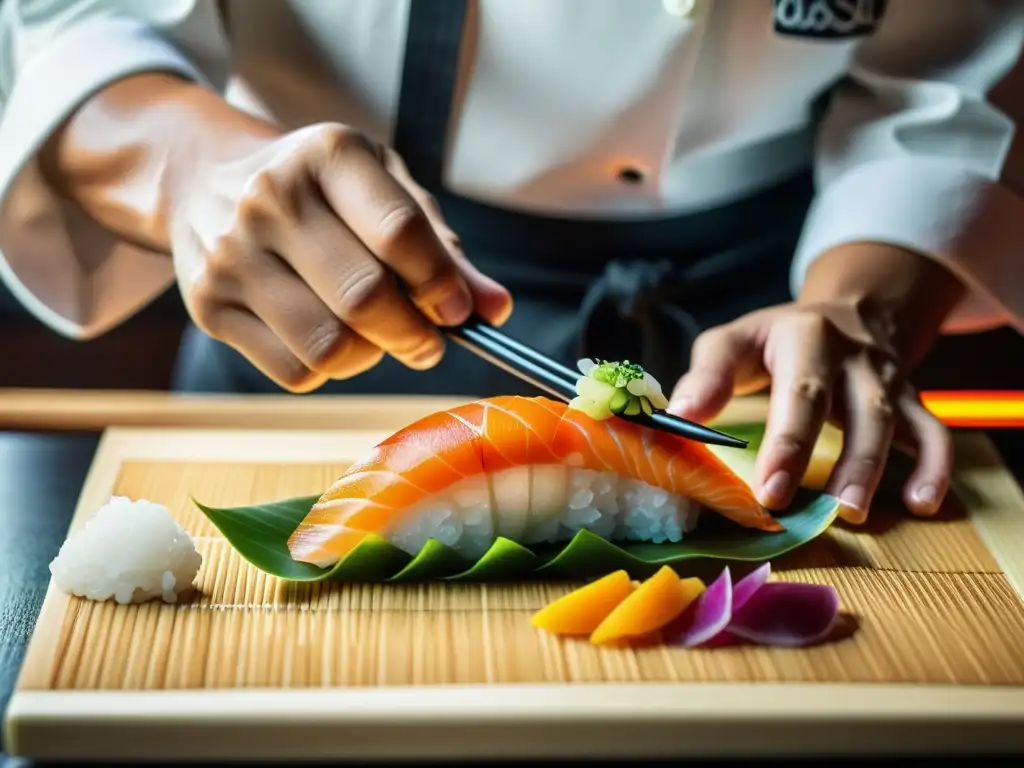 Un maestro del sushi crea una pieza de sushi de lujo con precisión y gracia, destacando el arte comestible del proceso