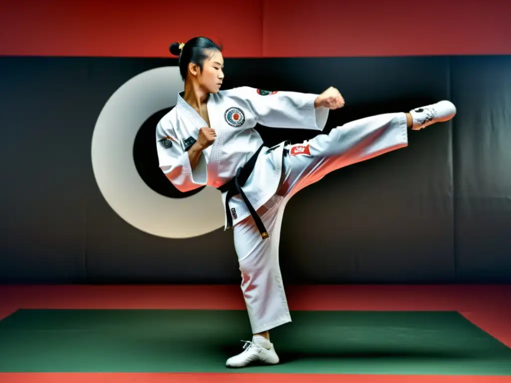 Un maestro de taekwondo muestra equilibrio y armonía en su patada perfecta, con el símbolo del yin y el yang en el fondo del dojo