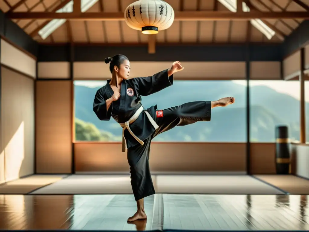 Maestro de taekwondo muestra equilibrio y armonía en un perfecto roundhouse kick en un dojo tradicional, con iluminación dramática