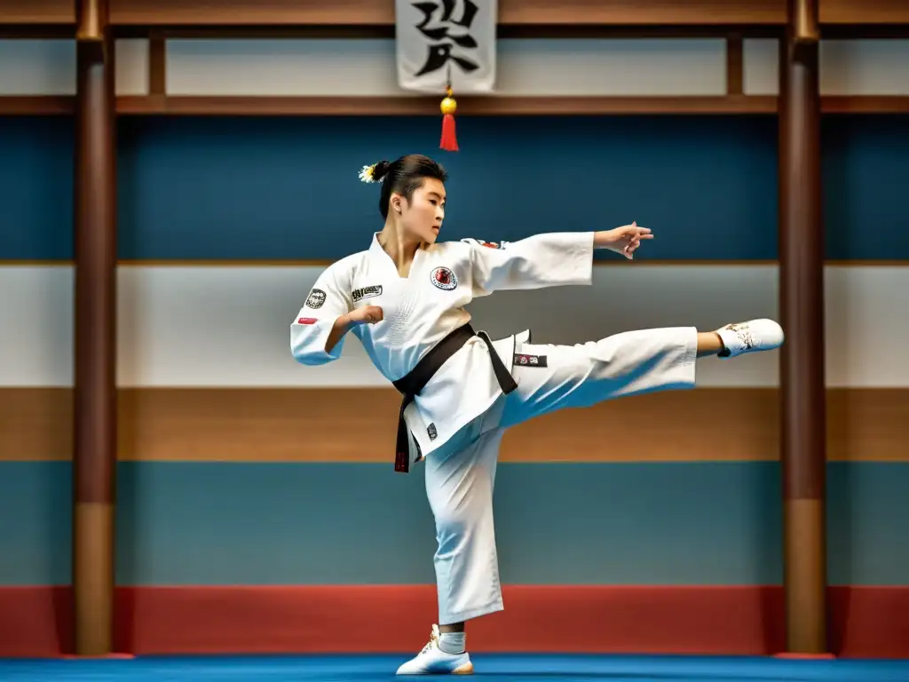 Un maestro de Taekwondo ejecuta un impecable patada voladora, demostrando equilibrio y armonía en Taekwondo en un entorno tradicional de entrenamiento