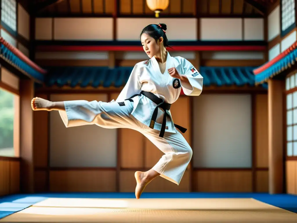 Un maestro de Taekwondo ejecutando un perfecto roundhouse kick, mostrando equilibrio y armonía en Taekwondo