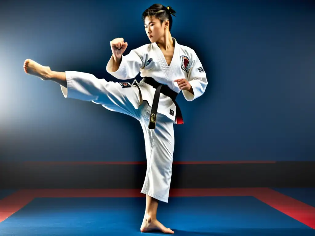 Un maestro de Taekwondo ejecuta un roundhouse kick con equilibrio y armonía, mostrando fuerza y gracia en la práctica de Taekwondo