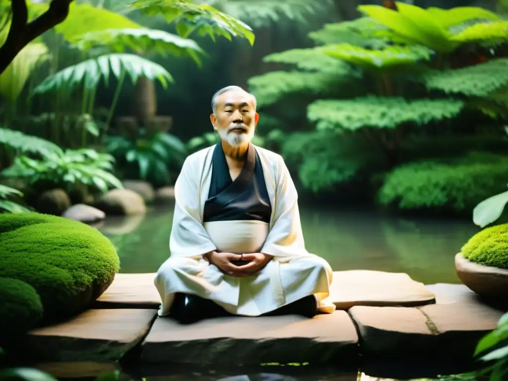 Maestro taoísta medita en jardín exuberante, reflejando prácticas meditativas taoísmo longevidad