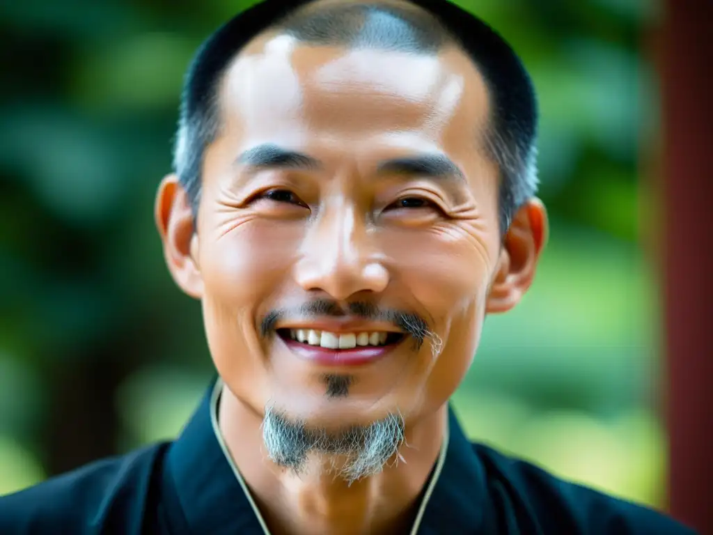 Un maestro taoísta practica la Técnica de la Sonrisa Interna con serenidad, iluminado por la luz natural frente a un templo taoísta