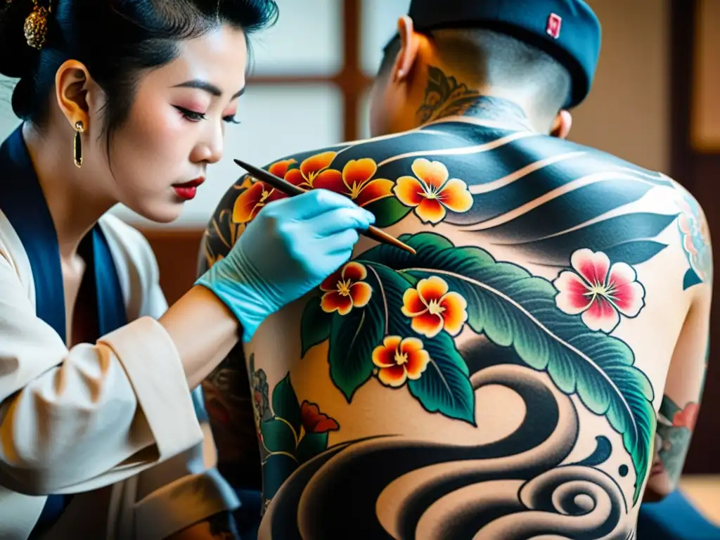 Un maestro tatuador aplica con destreza un tatuaje tradicional japonés en la espalda de un cliente