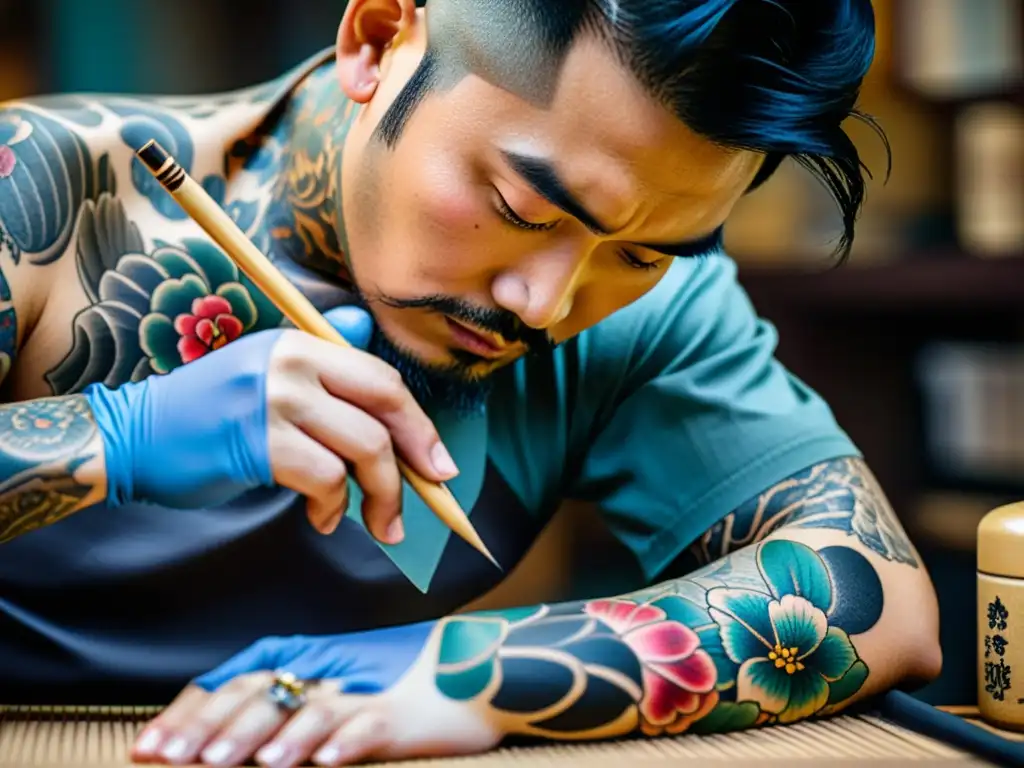 Un maestro tatuador en Japón realiza un intrincado irezumi de cuerpo completo, exudando habilidad y tradición en la evolución de tatuajes asiáticos