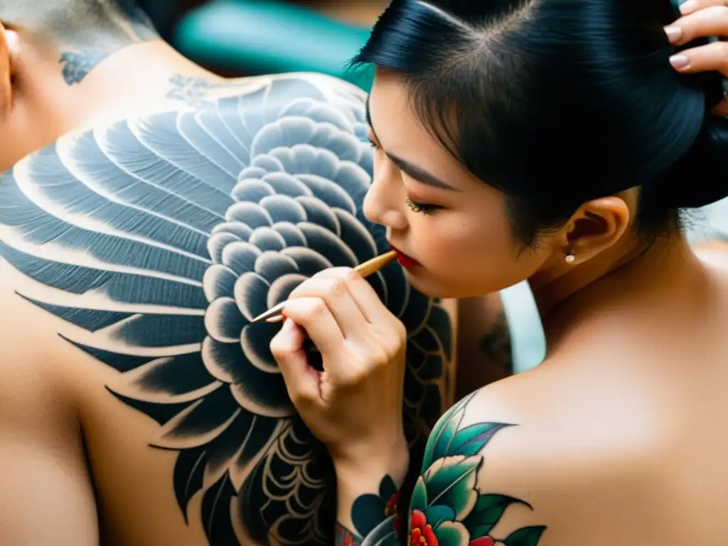 Un maestro tatuador japonés crea una impresionante obra de arte en la espalda de un cliente, con un ambiente de respeto y tradición