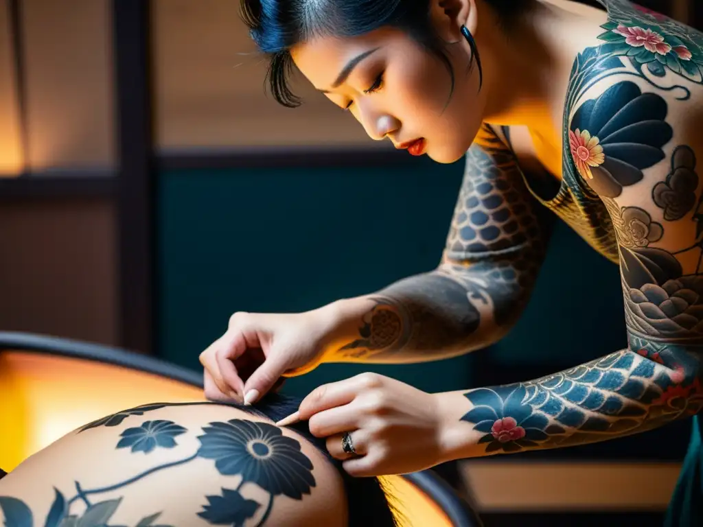 Un maestro tatuador japonés realiza una intrincada irezumi a mano, destacando la técnica detallada y precisa