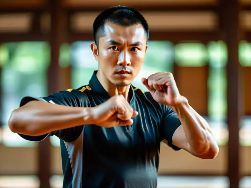 Un maestro de Wing Chun ejecutando una técnica ancestral con determinación en un salón de entrenamiento tradicional