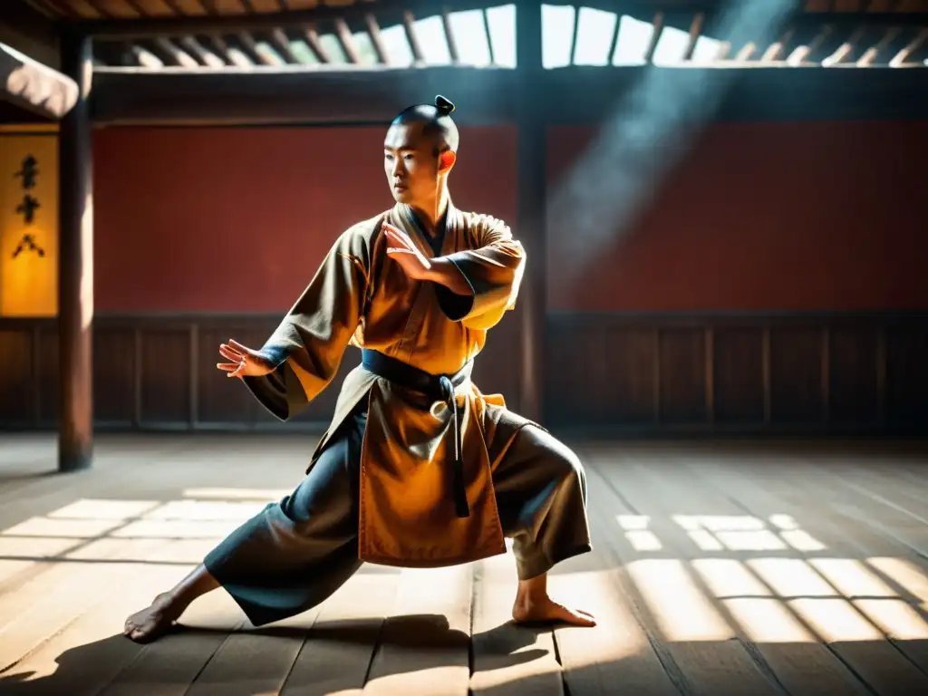 Maestro de Kung Fu Shaolin practicando la técnica 'Garra de Tigre' en un antiguo salón de entrenamiento, evocando los misteriosos Estilos ocultos de Kung Fu