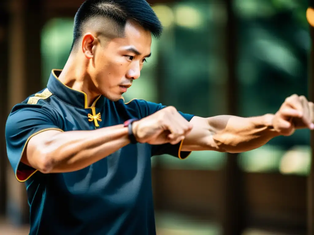 Un maestro de Wing Chun muestra técnicas con precisión y determinación, exudando la fuerza y disciplina de este arte marcial