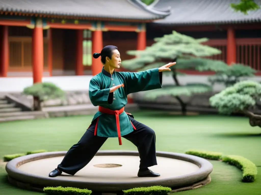 Un maestro de Baguazhang demuestra técnicas de caminar circular en un patio chino tradicional con intensidad y precisión