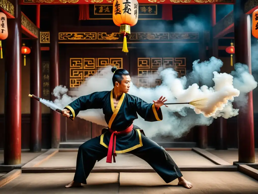 Maestro de Kung Fu en templo chino practicando estilos ocultos entre el humo de incienso y ornamentación antigua