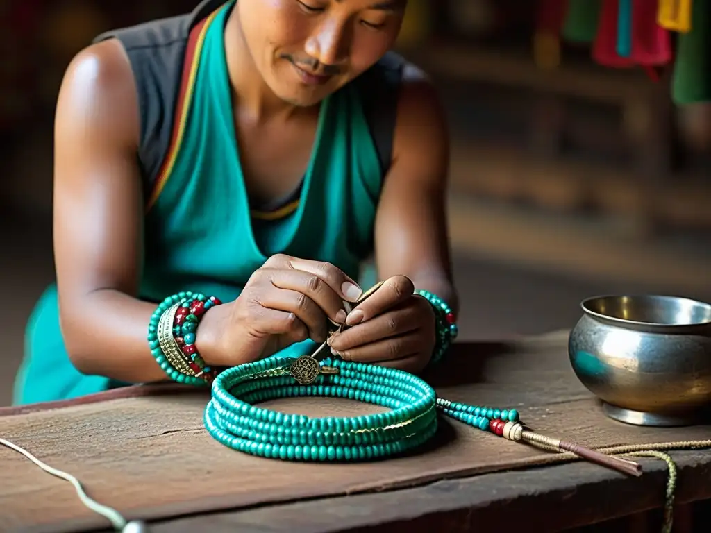 Un maestro tibetano crea con devoción una pulsera tradicional, rodeado de símbolos espirituales y materiales preciosos