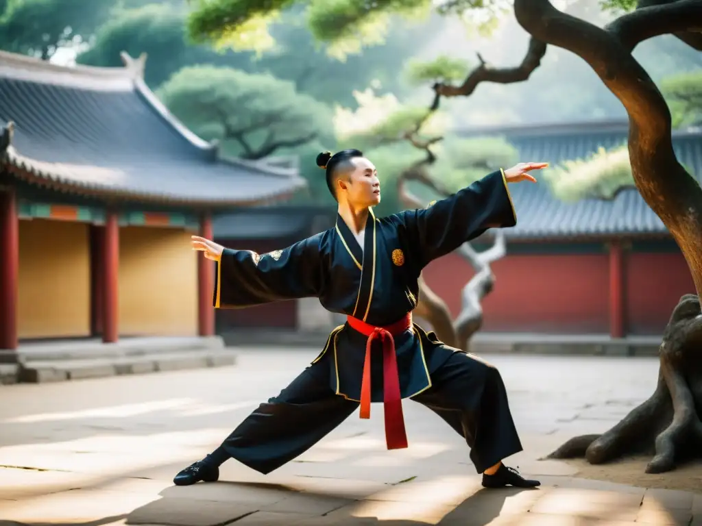 Un maestro tradicional de Wushu chino en un elegante uniforme negro de seda realiza una postura grácil con un alto golpe de pierna, rodeado de la serenidad de un antiguo patio