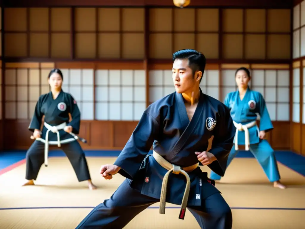 Un maestro tradicional de Hapkido demuestra una técnica de bloqueo en un dojo, rodeado de estudiantes