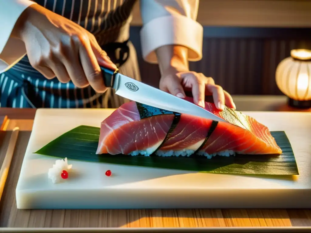 Un maestro tradicional japonés de sushi corta con meticulosidad un trozo marmoleado de atún fresco y brillante con un cuchillo afilado, mientras una suave luz de las linternas ilumina las delicadas y translúcidas rebanadas dispuestas con precisión sobre una cama de arroz