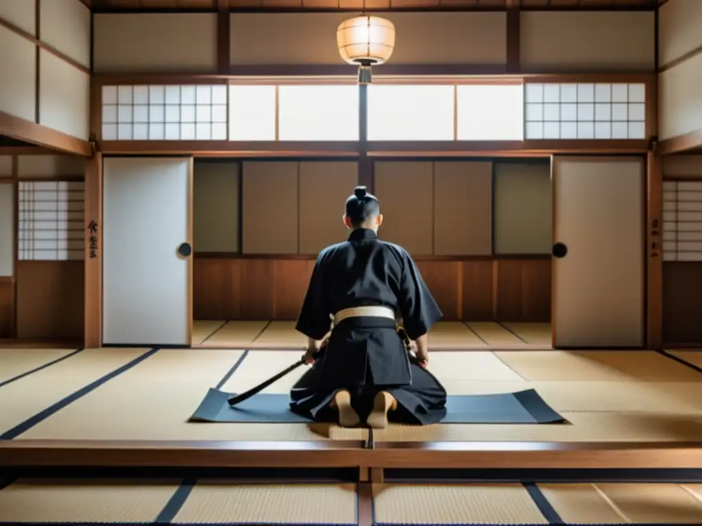 Maestro en traje samurái realiza iaido en dojo tradicional japonés, estudiantes observan