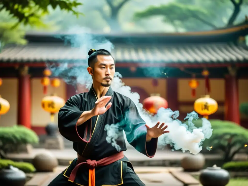 Un maestro de Kung Fu practica en un tranquilo templo taoísta, rodeado de naturaleza y simbolismo, ilustrando la filosofía del Kung Fu Taoístico