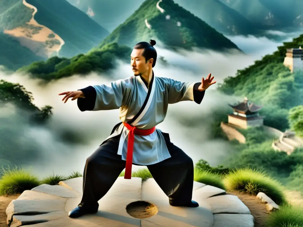 Un maestro de Taijiquan, vestido en atuendo tradicional, demostrando una técnica de combate precisa y poderosa en un entorno natural sereno