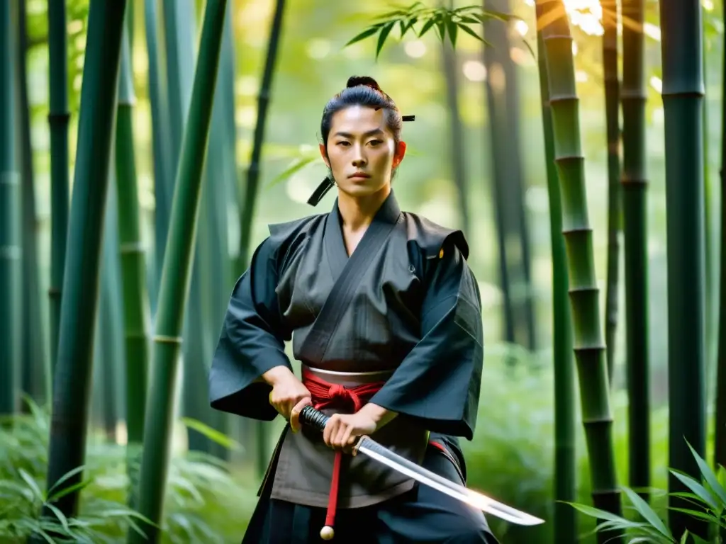 Un maestro del Kenjutsu samurái, vestido con atuendo tradicional, en un sereno bosque de bambú con una katana reluciente en mano