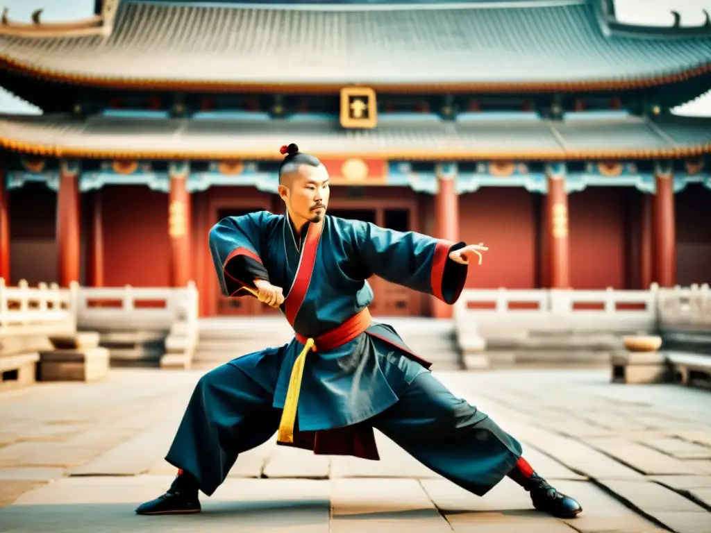 Un maestro de Kung Fu en vestimenta de la dinastía Ming, demostrando una técnica precisa en un antiguo templo