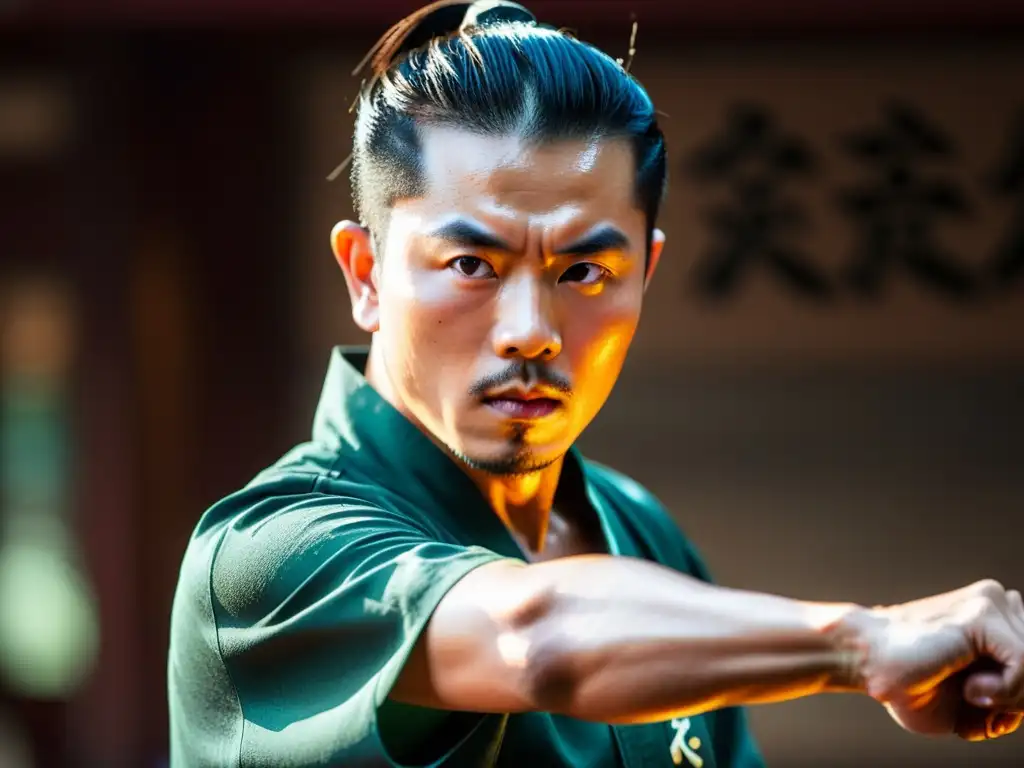 Un maestro de Xing Yi Quan muestra el poder del Chi en un movimiento preciso y poderoso, con una intensa concentración en sus ojos y músculos tensos