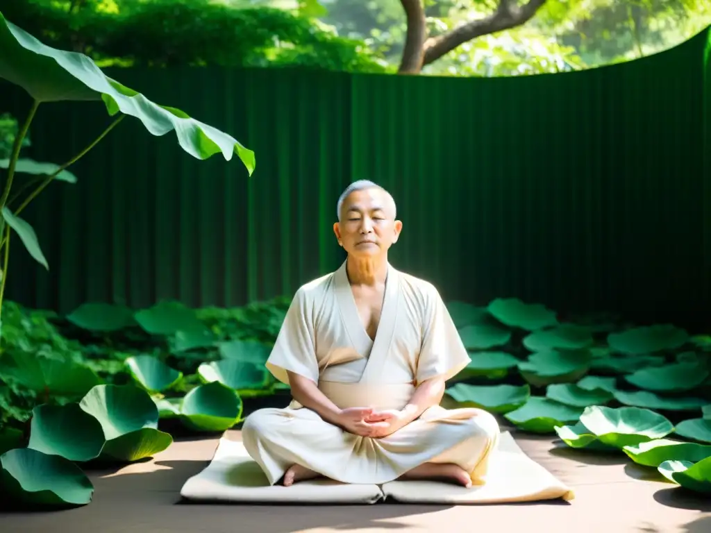 Un maestro Zen en meditación, rodeado de vegetación exuberante