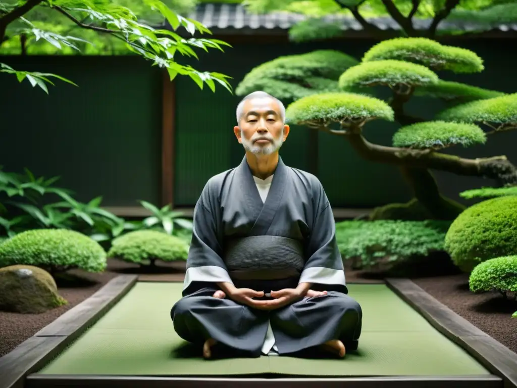 Maestro Zen en meditación rodeado de exuberante vegetación en jardín japonés, evocando paz y enseñanza Koans Zen filosofía asiática