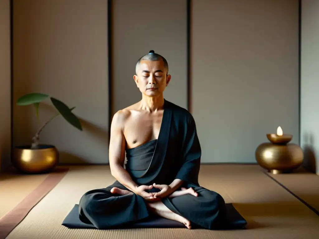 Maestro zen en meditación, rodeado de serenidad y minimalismo