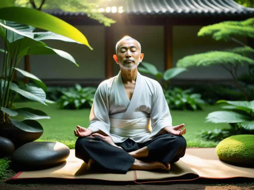 Maestro Zen en meditación, rodeado de jardín tranquilo